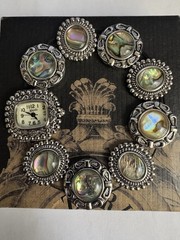 Vintage Japanese Novelle Quartz Abalone Silver Tone Watch Bracelet Stretchy 8”