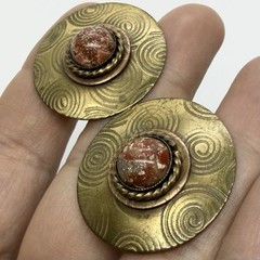 Vtg Big Modernist Mixed Metals Brown Stone Cabochon Statement Earrings Clip-on