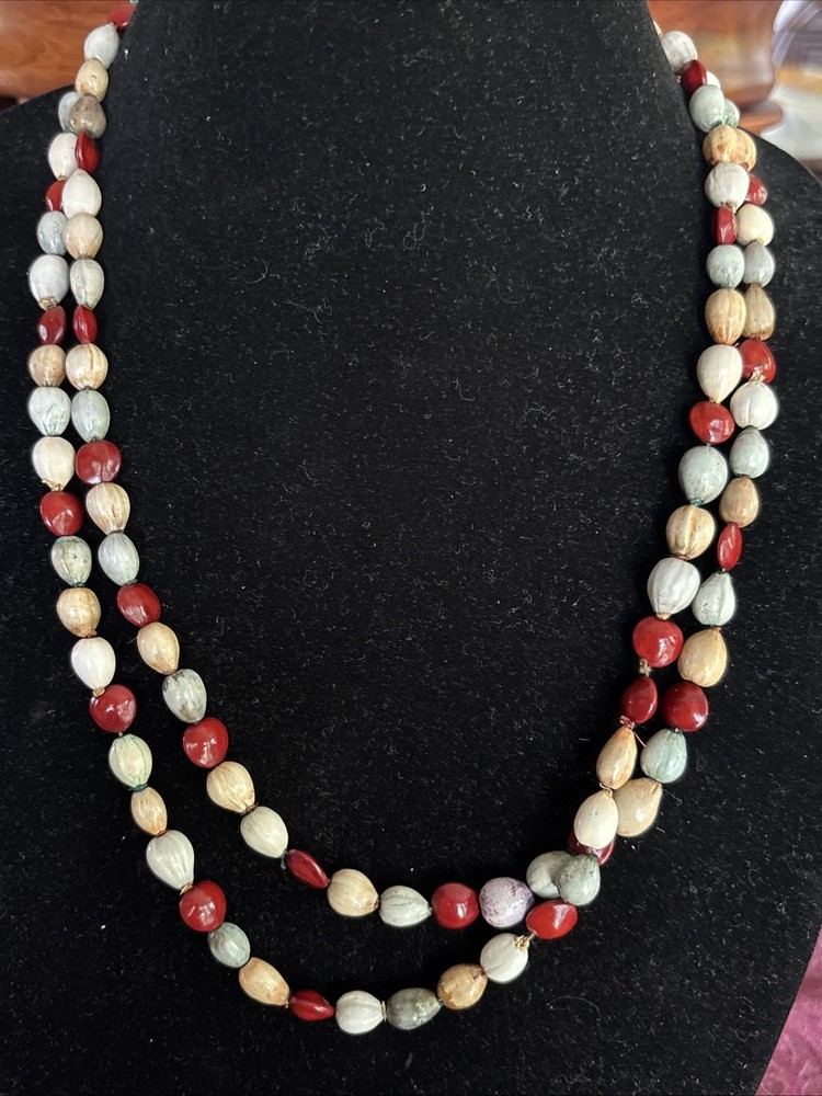 VINTAGE BOHO JOBS TEAR AND RED HEART SEEDS NECKLACE 24 Inches 110