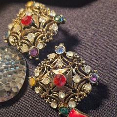 3 pr Vintage Clip-On Dangle Drop Geometric Multicolor Hammered Retro Earrings