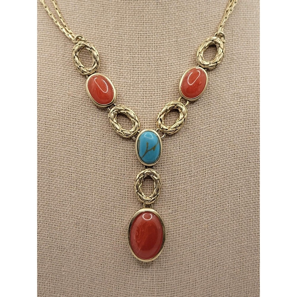 Monet Y Necklace Blue Red Acrylic Stones Matte Goldtone Southwest