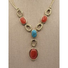 Monet Y Necklace Blue Red Acrylic Stones Matte Goldtone Southwest