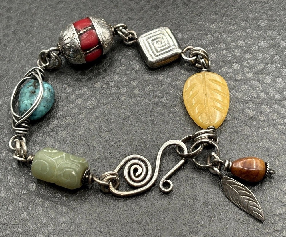 800 Silver Feather Charm Link Bracelet Turquoise Jade Coral Boho 8”
