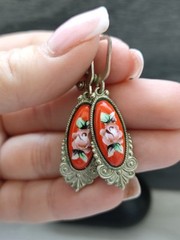 Vintage Enamel Russian Rostov Finift Earrings USSR Soviet Porcelain Hand Painted