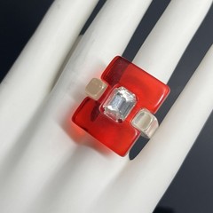 Modernist Lucite Ring Red Clear Rhinestone Size 8 Chunky Post Modern Statement