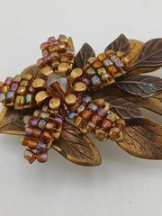 CARA STIMMEL LTD 1987 vintage wired seed beads etched brass leaves flower brooch