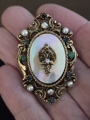 Vintage Signed ART Arthur Pepper Brooch Mother Of Pearl Revival Shield Rhineston