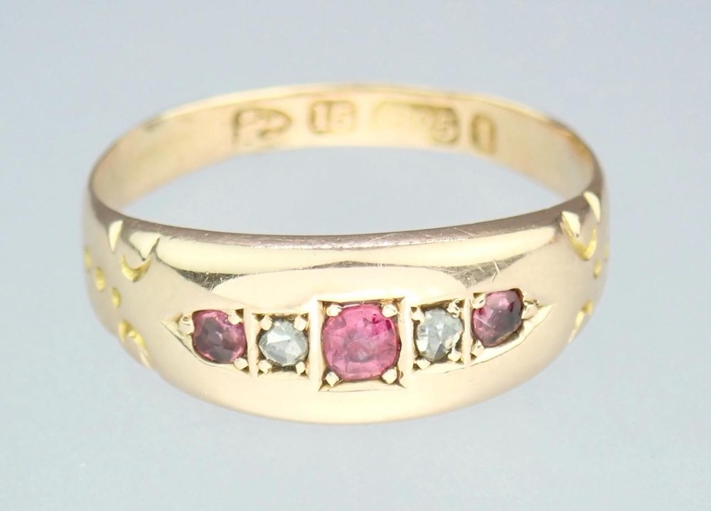 Lovely Antique Victorian Solid 15K Gold Ruby Diamond Gem Ring Chester 1892 5.75