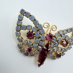 Pink and Blue Rhinestone Gold Tone Butterfly Brooch Vintage Whimsical 1”