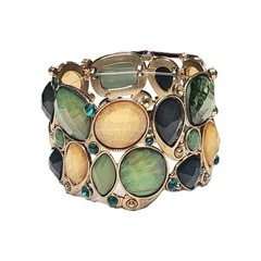 VTG Shades of Green & Yellow Shimmering Faux Opal Stretch Cuff Bracelet 6.5″