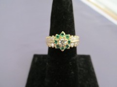 ANTIQUE BRISTOL 14K YELLOW GOLD TIERED EMERALD DIAMOND CLUSTER HALO RING