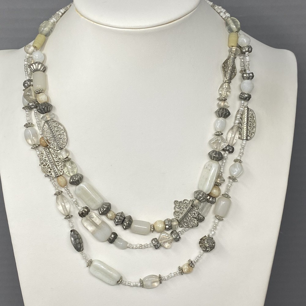 Layered Beaded Necklace Acrylic Glass White Silver Multi Strand Collar Boho 19″