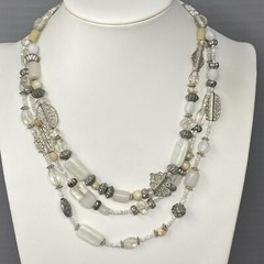 Layered Beaded Necklace Acrylic Glass White Silver Multi Strand Collar Boho 19″