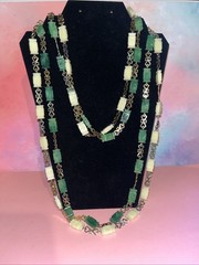 Faux Jade and Faux Ivory Look beaded necklace vintage 48” Statement Piece EUC