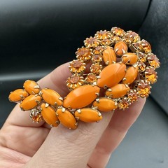 Vintage WEISS Bright Orange Rhinestone Brooch & Clip-on Earrings Jewelry Set