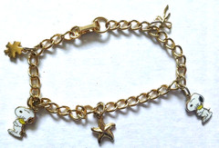 Vtg Snoopy Enamel Charm Bracelet 6.75″ Clasp 4 Leaf Clover Star Ribbon Gold Tone