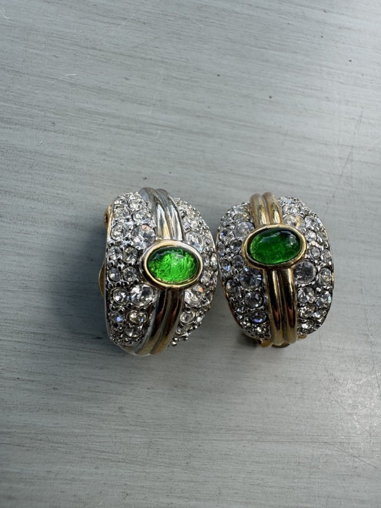 Vintage 80s 90s Gold-Tone Green and Rhinestone Hoop Clip Earrings