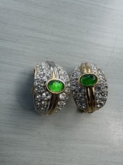 Vintage 80s 90s Gold-Tone Green and Rhinestone Hoop Clip Earrings