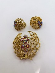 Vintage Lisner Signed Goldtone Brooch and Clip Earrings Rhinestone AB Set