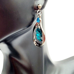 Blue Glass Water Droplet Drop Dangle Silver Tone Sparkly Fancy Pierced Earrings