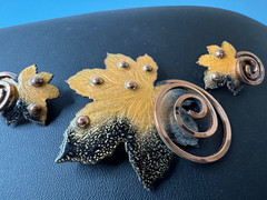 Vintage Matisse Renoir Enamel on Copper Leaf Brooch & Earrings Set Signed