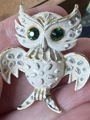 Antique Vintage Trafari Owl Green Eye Pin Enamel Pet Collection Brooch Jewelry