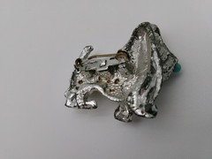 Vintage dog animal brooch pin silver-tone base metal turquoise color nose