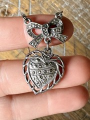 Vintage 1928 Heart And Bow Pendant Necklace Silver Tone Marcasite Accents 17”in
