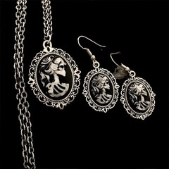 Skull Cameo Necklace Pendant & Earrings, Distressed Lady Lolita Halloween Set