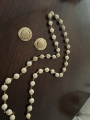 Ocean Jasper Vintage Beaded Beige Marbled Stone Necklace Pierced Earrings Set
