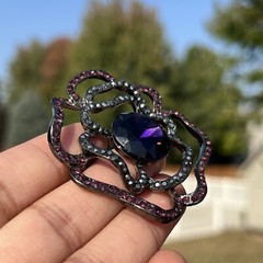 Vintage Violet & Dark Grey Rose Shaped Rhinestone Brooch Pin Purple Silver Tone
