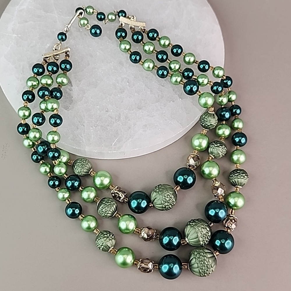 Vintage Beaded Necklace Green Triple Layered Acrylic Japan Choker 16″