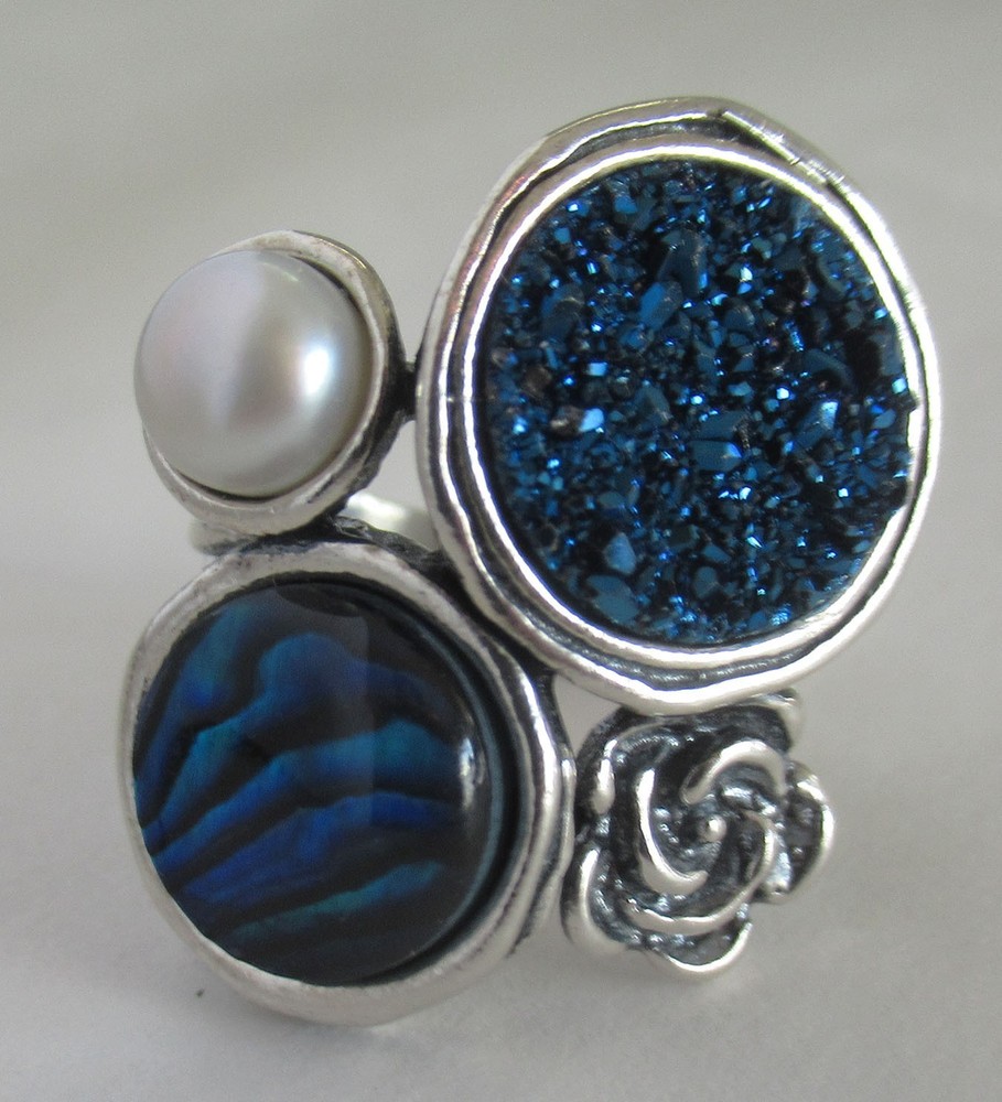 ISRAEL STERLING PZ OR PAZ COCKTAIL RING SIZE 5.25, MULTI STONE, 9.5 GRAMS, 1 IN