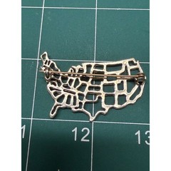 Vintage Goldish Tone USA Map Brooch Blue Rhinestone Patriotic United States Pin