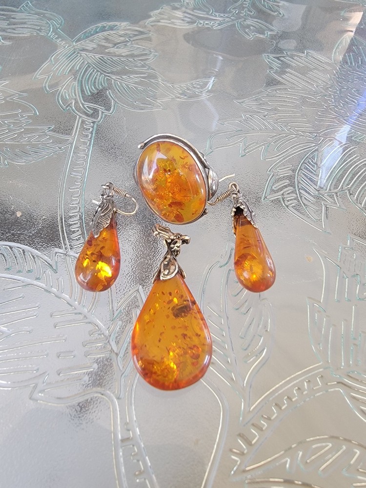 Vintage Sterling Silver Amber Ring/Earrings & Pendant Same Day Shipping Read