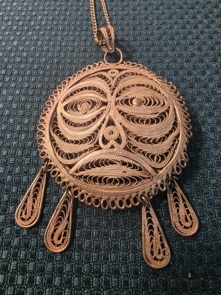 Vintage Tribal Tiki Mask Sun Face Silver Tone Filigree Dangle Pendant Necklace