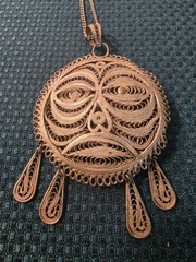 Vintage Tribal Tiki Mask Sun Face Silver Tone Filigree Dangle Pendant Necklace
