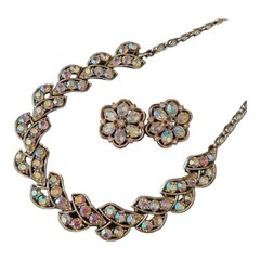Lot Necklace Brooch Earring Pink Pearl Rhinestone Glass AB Beads Vintage Jewelry