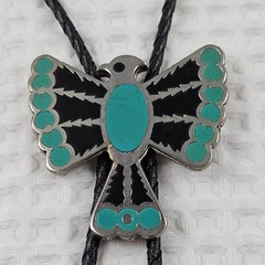 Vintage Bolo Tie Eagle Thunderbird Turquoise Silver Green & Black Enamel Design