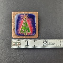 Enamel Christmas Tree Brooch Square Copper Colored Metal Textured