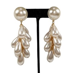 Faux Pearl Teardrop Bead Tassel Chandelier Dangle Earrings Pierced 3 1/2″