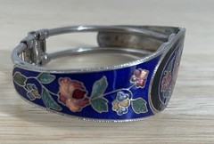 Vintage Unicorn Cloisonne Blue Enamel Cuff Bracelet Silver Tone Clamper Hinged