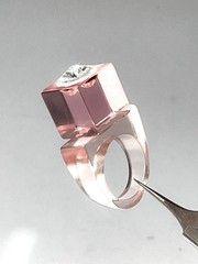 Vintage Lucite Ring Size 7.75 Coral Peach Rhinestone Modern Chunky Cubism Unisex