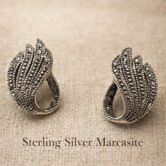 Vintage Sterling Silver 925 Marcasite Earrings SD Hallmark Abstract Leaf Studs