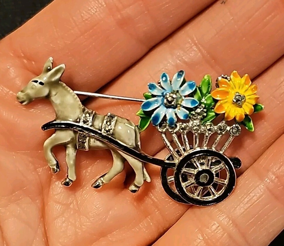 Vintage 1950s Marcasite and Enamel Rhodium Plated Donkey & Flower Cart Brooch