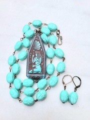 ANTIQUE NEIGER EGYPTIAN REVIVAL PENDANT SCARAB URANIUM GLASS NECKLACE SET OOAK