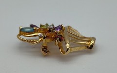 Vintage Colorful Stones Flower Basket 14K Yellow Gold Brooch Pin