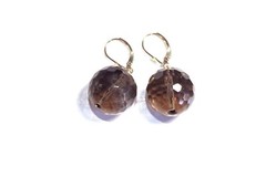 14K Gem Quality Micro Faceted Smokey Topaz Large Ball Earrings