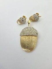 Vtg Marvella Acorn Brooch & Clip Earrings Rhinestone Autumn Jewelry Naturecore