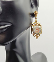 Art Deco Hand Painted Signed Rose Gold Tone Victorian Frame MCM Pierced Earrings